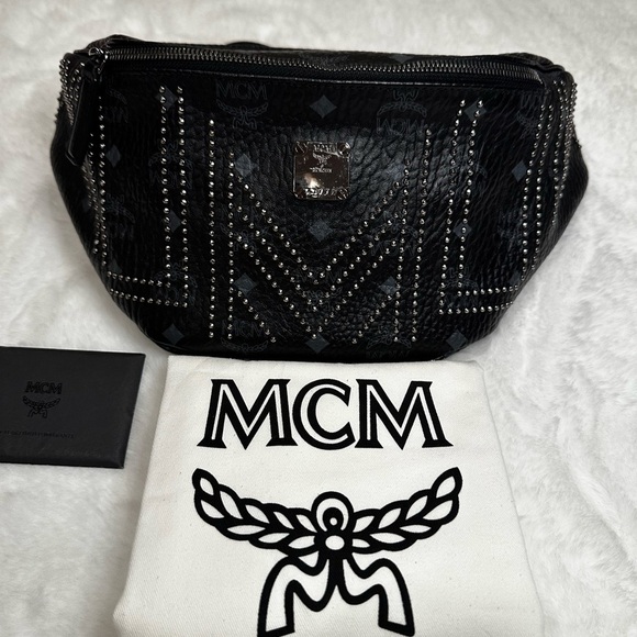 MCM Black Leather belt Bag with Silver Studs -unisex with dust bag - Picture 1 of 15